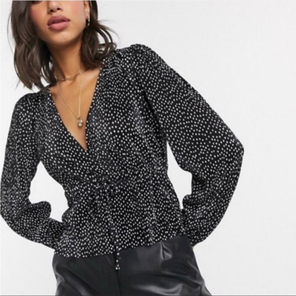 Zara black and white polka dot top cinched at the waist size small